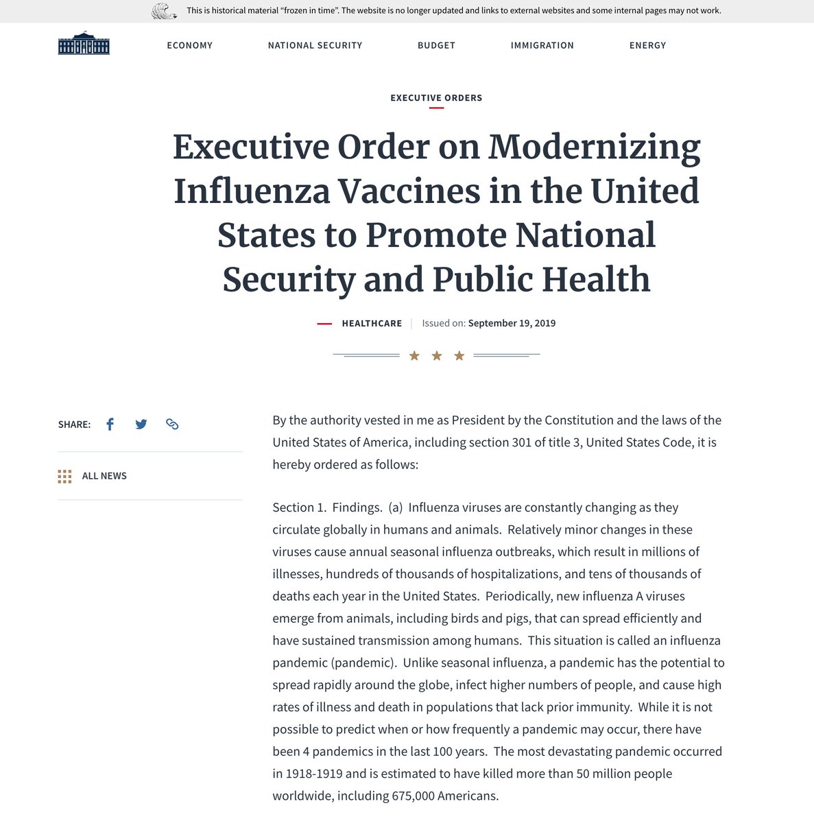 The US Government ordered H7N9 Bird Flu vaccines September 12, 2019. One week later, POTUS signs an Exec. Order Modernizing Influenza vaccines. Four weeks later, is Event 201. They were ordered by Azar's @HHSGov and the @ASPRgov Bob Kadlec. Why did we need H7N9 vaccines?