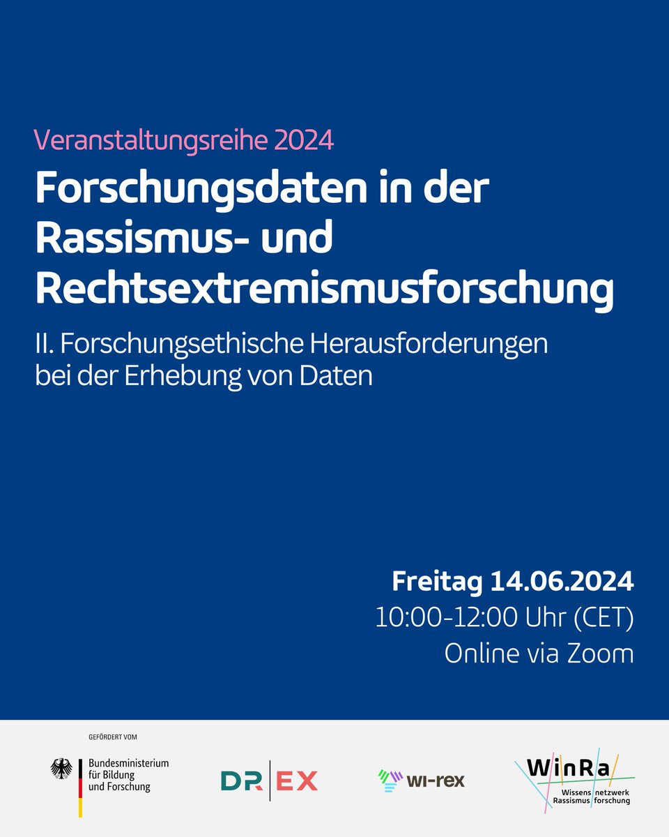 WinRa (@winra___) on Twitter photo Seid dabei bei der 2. Veranstaltung unserer Online-Veranstaltungsreihe zum Thema ‚Forschungsethische Herausforderungen bei der Erhebung von Daten‘! 🗓️14.06.2024, 10:00-12:00 Uhr (CET) 🧑🏫Mit Dr. Lisa Janotta & Prof. Dr. Constantin Wagner. In Zusammenarbeit mit <a href="/DP_RaEx/">DP-R|EX</a> & <a href="/Wi__REX/">Wissensnetzwerk Rechtsextremismusforschung</a>. Seid dabei bei der 2. Veranstaltung unserer Online-Veranstaltungsreihe zum Thema ‚Forschungsethische Herausforderungen bei der Erhebung von Daten‘! 🗓️14.06.2024, 10:00-12:00 Uhr (CET) 🧑🏫Mit Dr. Lisa Janotta & Prof. Dr. Constantin Wagner. In Zusammenarbeit mit <a href="/DP_RaEx/">DP-R|EX</a> & <a href="/Wi__REX/">Wissensnetzwerk Rechtsextremismusforschung</a>.