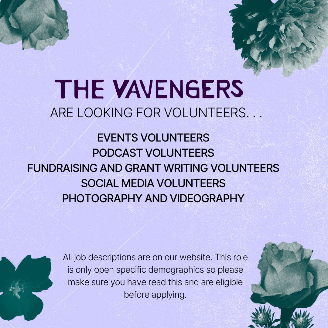 We're looking for specialist volunteers 💜

Are you passionate about ending violence? Looking to gain experience in the charity sector? No previous experience in the roles is necessary, only a motivation to learn and have a go. Check them out here: thevavengers.co.uk/workwithus