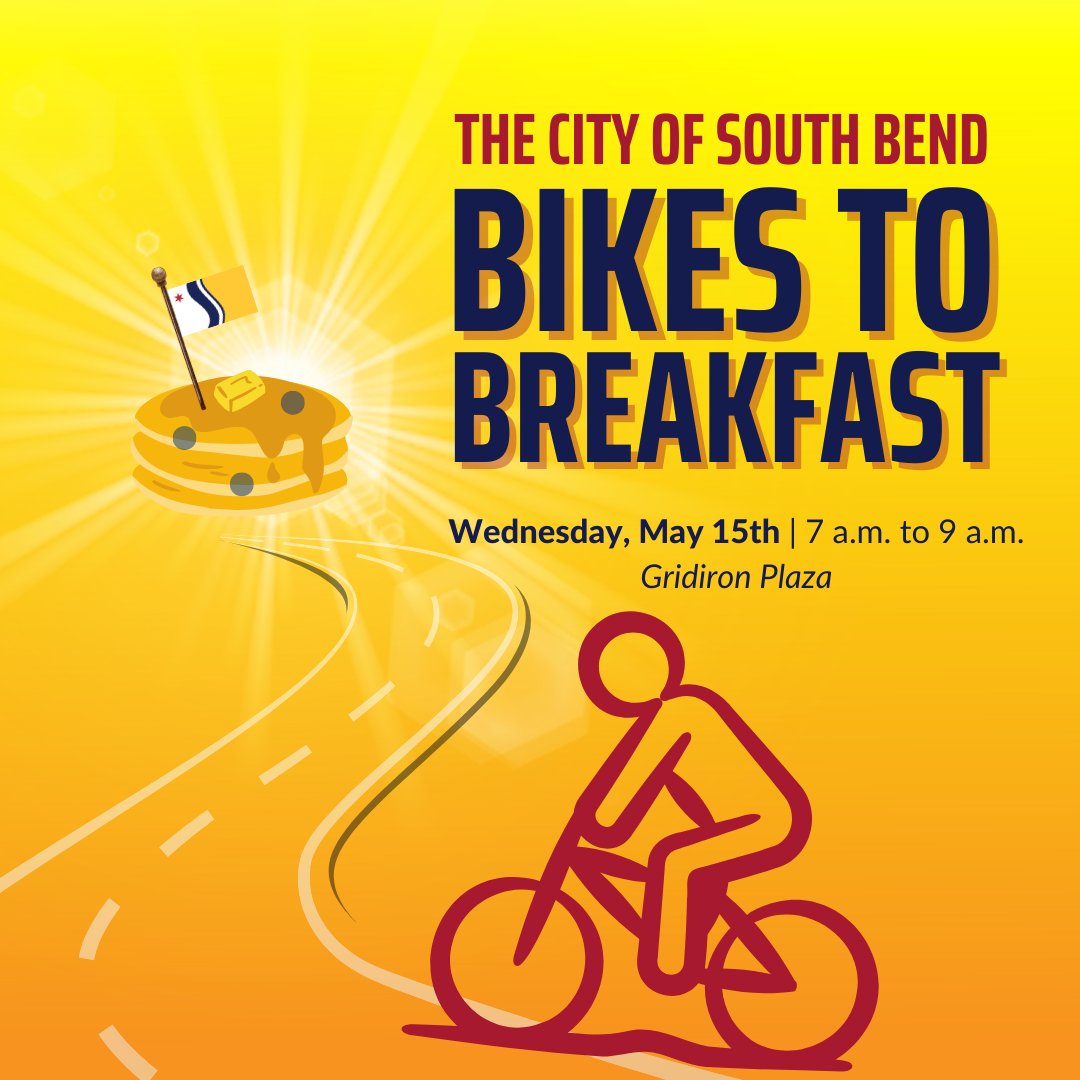 Free pancake breakfast, happening TODAY, 7am-9am at the Gridiron Plaza (corner of Michigan St and Washington St)! <a href="/BikeMichiana/">Bike To Work Week</a>