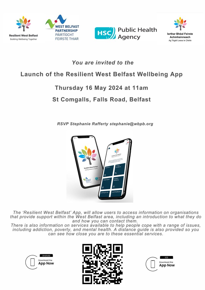 Launch of the Resilient West Belfast Wellbeing App tomorrow, Thursday 16 May in St Comgalls @ 11am!