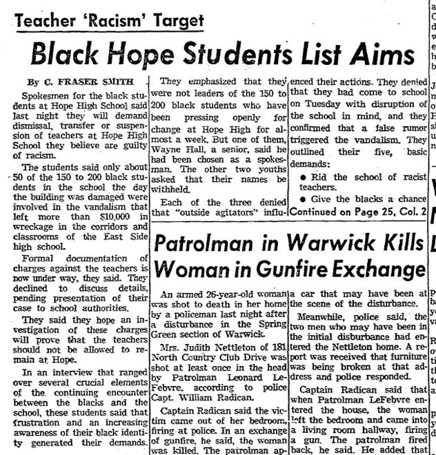#OTD May 15, 1969, @projo reported that 200 Black students at Hope High School in Providence demanded 'dismissal, transfer, or suspension of teachers they believe are guilty of racism.' A student, Wayne Hall, was chosen as their spokesperson. #OnThisDay #RhodeIsland #History