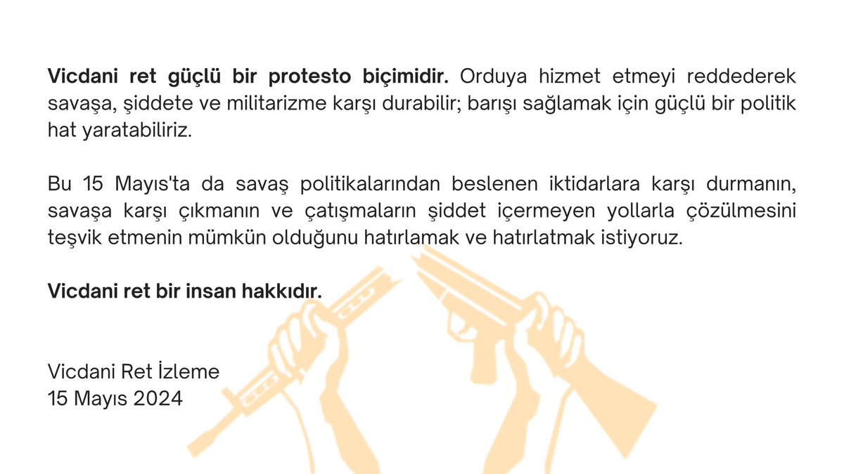 "Vicdani ret güçlü bir protesto biçimidir. Orduya hizmet etmeyi reddederek savaşa, şiddete ve militarizme karşı durabilir; barışı sağlamak için güçlü bir politik hat yaratabiliriz."

15 Mayıs Dünya Vicdani Retçiler Günü açıklamamızın tamamı için:
bit.ly/4agroRy