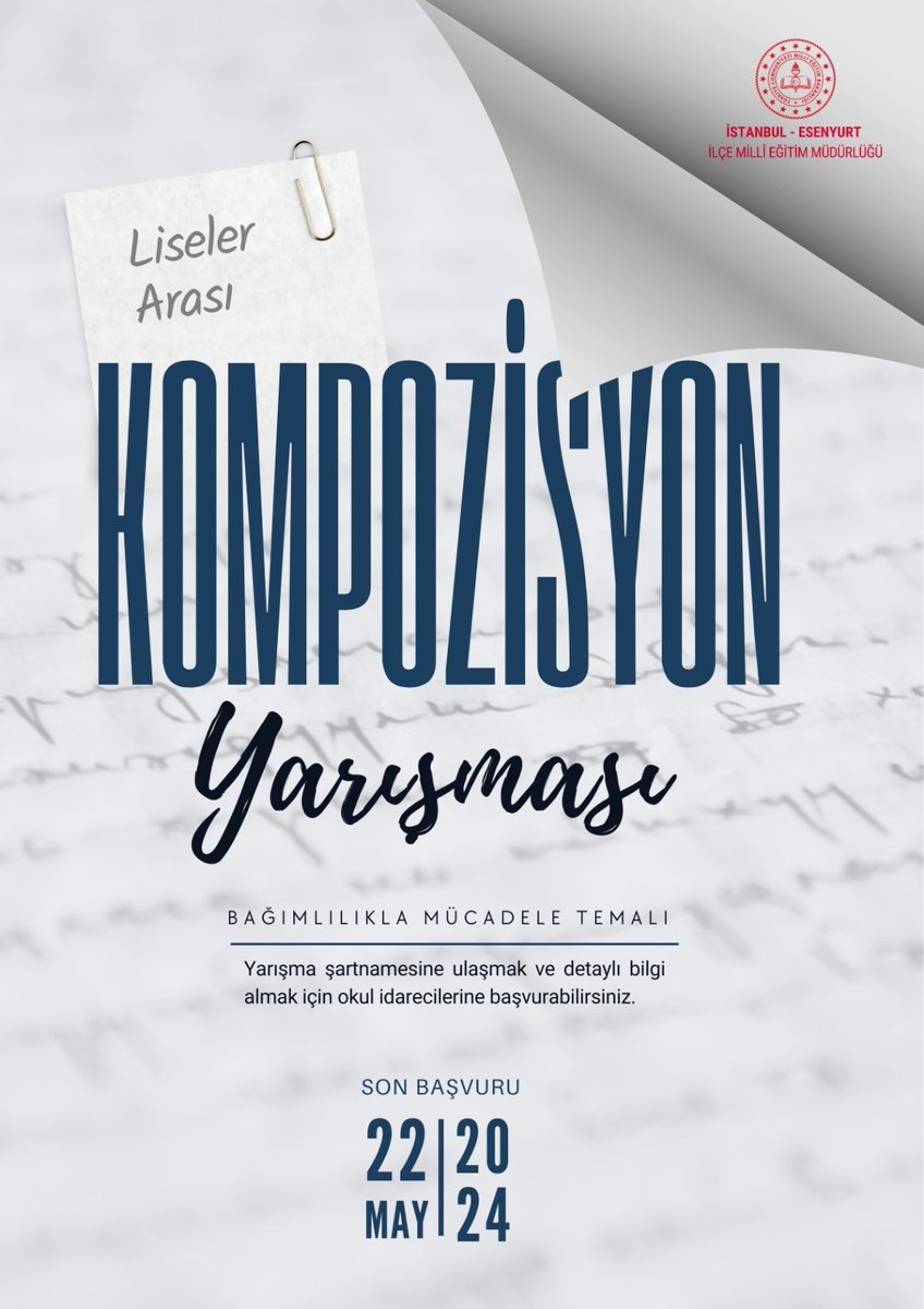 Bağımlılıkla mücadele temasıyla öğrencilerimize yönelik olarak düzenlediğimiz yarışmalarımıza başvurular 22 Mayıs 2024 tarihine uzatılmıştır. #BağımlıOlmaFarkındaOl @tcmeb @Yusuf__Tekin @istanbulilmem @MucahitYentur @CobanogluF @TayfunOzyolcu