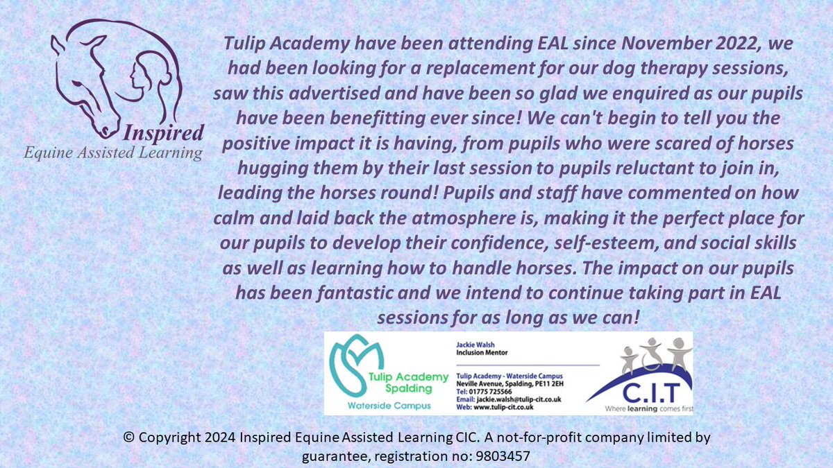 InspiredEAL's tweet photo. A lovely quote about how the pupils from the Tulip Academy in Spalding benefit from coming to us for EAL sessions. Seeing pupils realise what they’re capable of achieving in these sessions is a joy!  #equinetherapy #childdevelopment #mentalhealth #confidence #lincsconnect https://t.co/aBzMtPpTIV