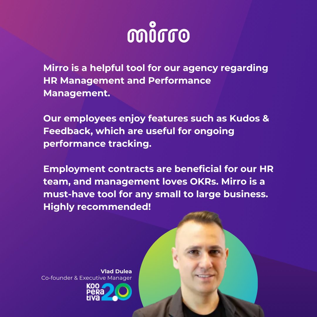 🌟 We're thrilled to share some kind words from @VladDulea, Co-founder & Executive Manager at @KooperativaRO

🙏Thanks, Vlad! We're proud to be your go-to solution for HR and performance management.

#HRtech #WorkplaceCommunity #hris