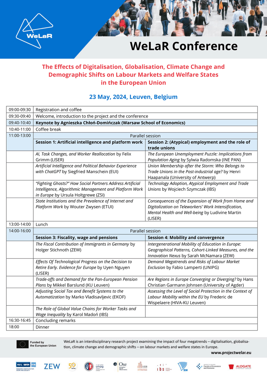 ProjectWeLaR's tweet photo. 🚨Check out the programme of the WeLaR conference:
🗣️ Keynote address from Agnieszka Chłoń-Domińczak of @SGHWarsaw
📜 4 sessions, 17 papers
🌐 23 May, 2024, @KU_Leuven
https://t.co/KY7gWXmDU5 https://t.co/y7ICQHQbKB