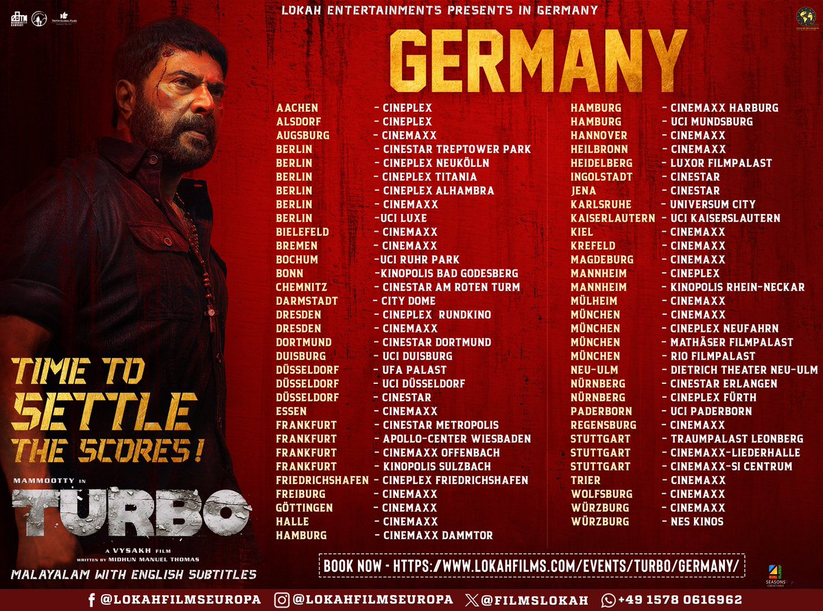 Let’s Begin! Germany Theatre List 🇩🇪 63+ Locations in #GERMANY 👊🏻 #Turbo In Cinemas Worldwide On May 23 , 2024 #TurboFromMay23 #Mammootty #MammoottyKampany #Vysakh #SamadTruth #TruthGlobalFilms #WayfarerFilms #LokahFilmsEuropa #4seasonscreations @FilmsLokah @4SeasonCreation