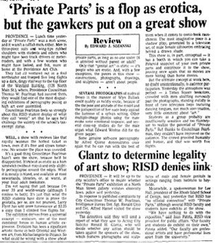 #OTD May 15, 1978, an exhibition entitled 'Private Parts' organized by @RISD students known as the Electron Movers opened in Providence, & police immediately confiscated 40 pieces under state obscenity laws. According to @the_herald, no one was convicted. #OnThisDay #RhodeIsland
