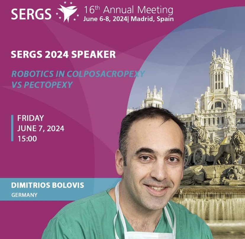 See you in just a few weeks in Madrid for Dimitrios Bolovis’ talk at #SERGS2024—robotics in colposacropexy vs pectopexy! Join him and all our other delegates at our (largest ever!) conference on robotic gynaecologic surgery, June 6–8.