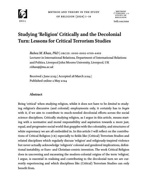 New article out, dm me if you'd like a pdf! 

Short summary: 'Religion' is a modern-colonial category which has been used in similar ways to 'race' to justify the colonial project and to sort people into racial/civilisational hierarchies. This means..1/3

doi.org/10.1163/157006…