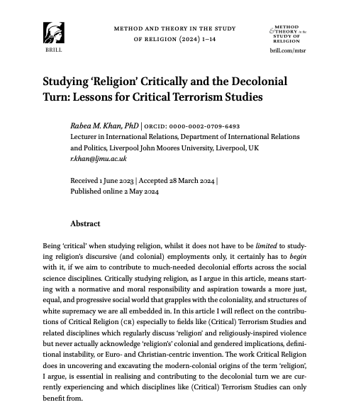 New article out, dm me if you'd like a pdf! Short summary: 'Religion' is a modern-colonial category which has been used in similar ways to 'race' to justify the colonial project and to sort people into racial/civilisational hierarchies. This means..1/3 doi.org/10.1163/157006…