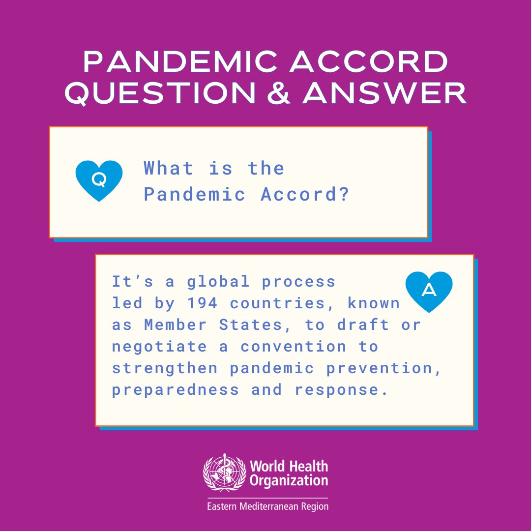 Did you know countries are gathering this month during the World Health Assembly to take a decision for a pandemic treaty? 

A #PandemicAccord, or treaty, is a global process led by the 194 countries who make up the Member States of the World Health Organization.

#WHA77