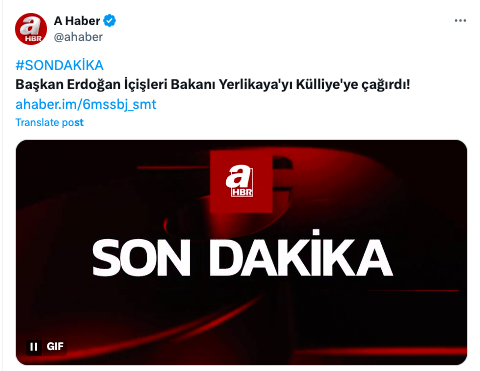 İçişleri'nden Ahaber'e yalanlama... Ahaber: 'Başkan Erdoğan, İçişleri Bakanı Yerlikaya'yı Külliye'ye çağırdı' İçişleri Bakanlığı: 'Saat 16.00’da Sayın Cumhurbaşkanımız’ın Sayın Bakanımız ile görüşeceği hakkında haber yayılmaktadır. Bu bilgi doğru değildir.'