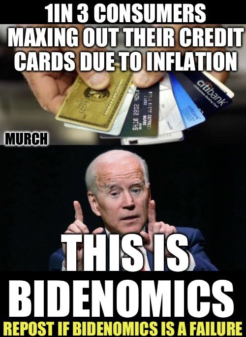 This is what Bidenomics has achieved- 

👉35% of Americans have maxed out their credit cards. 85% of those maxed out were pushed to use their cards to the limit because of price increases from inflation.

But let’s give free stuff to illegals. 

Who blames Joe Biden for this?🙋‍♂️