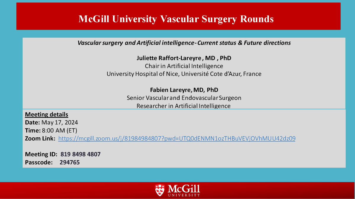 McGill Vascular (@mcgillvascular) on Twitter photo We are very happy to have <a href="/LareyreRaffort/">Juliette Raffort-Lareyre</a> and <a href="/FLareyre/">Fabien Lareyre</a> join us for rounds this week to discuss AI in vascular surgery. Please join us! We are very happy to have <a href="/LareyreRaffort/">Juliette Raffort-Lareyre</a> and <a href="/FLareyre/">Fabien Lareyre</a> join us for rounds this week to discuss AI in vascular surgery. Please join us!