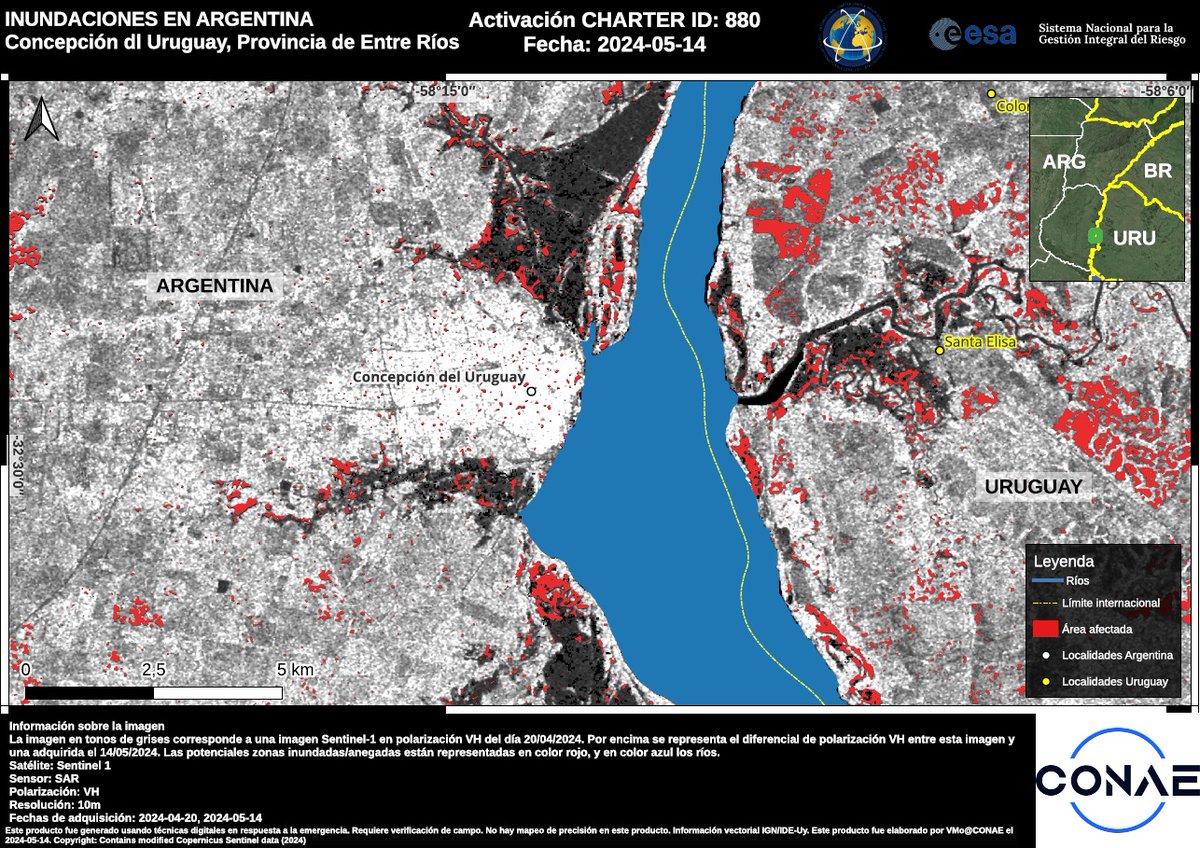 Our first maps of the flood in Argentina use #Sentinel1 data acquired yesterday to estimate the extent of floods along the Uruguay River at different locations in Entre Ríos Province: bit.ly/3UZoBrz