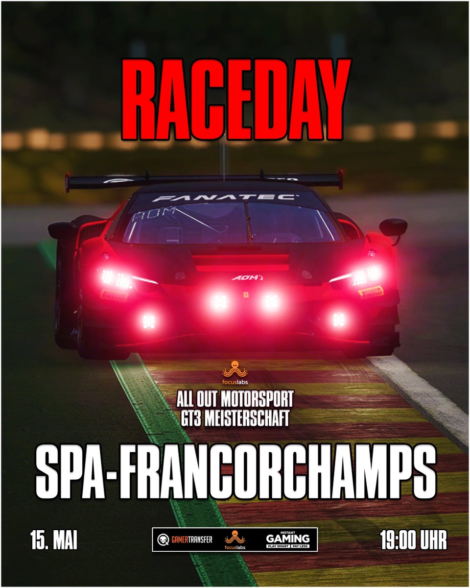 Es ist RACEDAY in Spa! 🏆 Der vierte Lauf der Focuslabs AOM GT3 Meisterschaft, fällt die vorzeitige Titelentscheidung? Schaltet ein, HEUTE um 19 Uhr! twitch.tv/alloutmotorspo… #AllOutMotorsport #GT3 #SimRacing