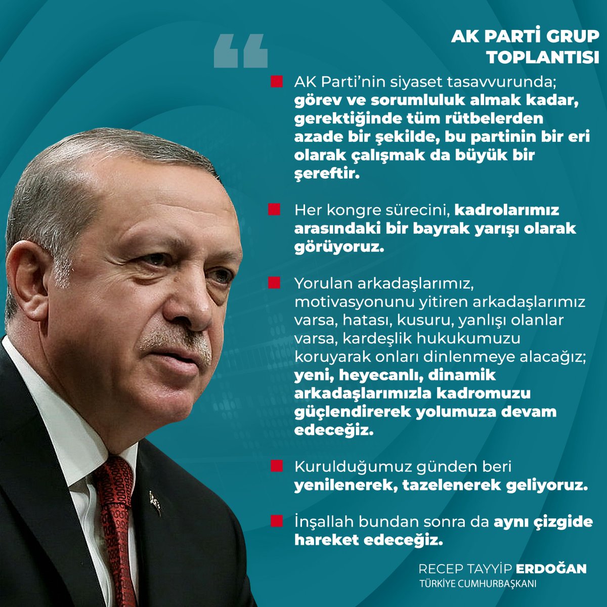 Cumhurbaşkanımız Recep Tayyip Erdoğan: 'Yorulan, motivasyonunu yitiren arkadaşlarımızı kardeşlik hukukumuzu koruyarak dinlenmeye alacağız; yeni, heyecanlı arkadaşlarımızla kadromuzu güçlendireceğiz.' @RTErdogan