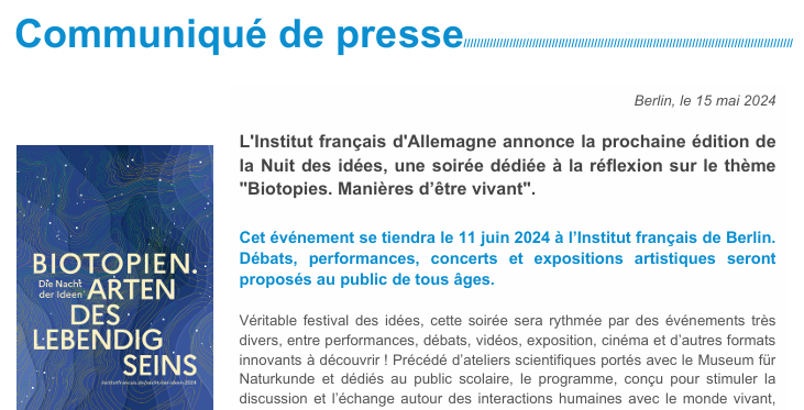 Nous vous invitons à une nouvelle édition de la Nuit des Idées, qui aura lieu le 11.06 à l'@IFKudamm. Une soirée de réflexion sur le thème « Biotopies - Manières d'être vivant » avec des débats, des performances, des concerts & des expositions d'art. 👉institutfrancais.de/fr/admin/conte…