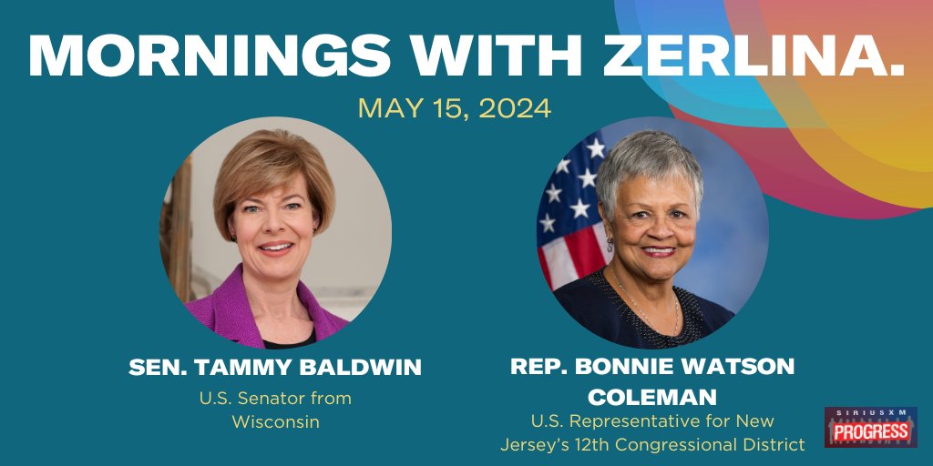 Hello Wednesday! Joining @ZerlinaMaxwell on the show this morning: U.S. Senator from Wisconsin @SenatorBaldwin + U.S. Representative for New Jersey's 12th Congressional District @RepBonnie! 📻@SiriusXMProg Ch. 127 siriusxm.us/Zerlina