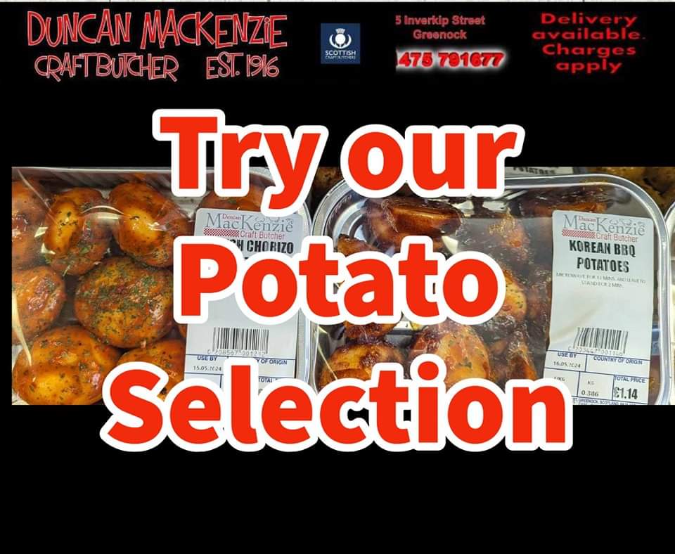 Try some of our special potato selection.
@MacKenzieBtchr Inverkip Street Greenock.

#Inverclyde #Greenock #ChooseLocal #ScotlandLovesLocal #ScotFoodandDrink