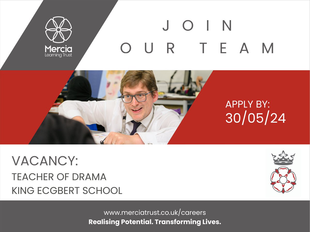 We are seeking to appoint a highly skilled and talented Teacher of Drama.
eteach.com/careers/ecgber…
Part of @MerciaTrust 
#sheffield #sheffieldschools #dramateacher