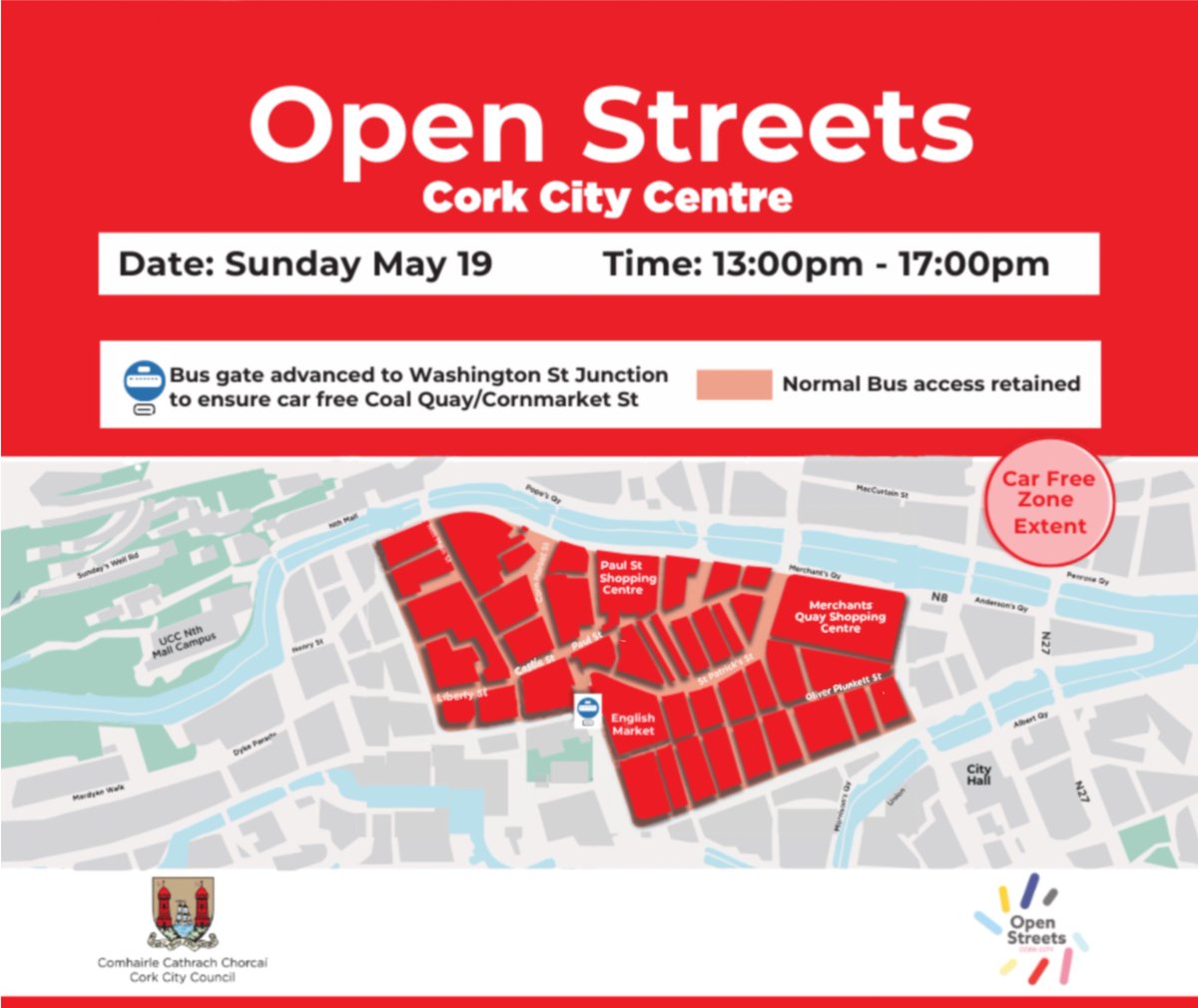 Cork City will host a series of 'Open Streets' events in the city centre this summer. Members of the public are encouraged to come to town on these days without their car. The first event will take place on Sunday, 19 May from 1pm - 5pm. More Info at buff.ly/3UKQ7aO