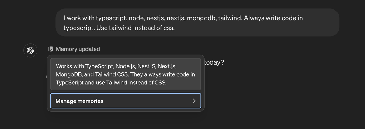 marian2js's tweet image. ChatGPT now supports "Memories" which allows it to retain information between chats. You can tell it the technologies and tools you use, so future chats will focus on these without having to tell it every time.