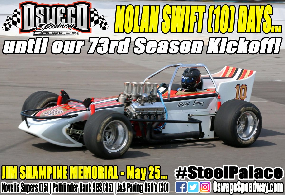 Nolan Swift (10) days until our Barlow's Concessions 73rd Season Kickoff headlined by the 75-lap, $4,000 to win Jim Shampine Memorial for @Novelis #Supermodifieds on Saturday, May 25! #SteelPalace

📸 Bob Clark