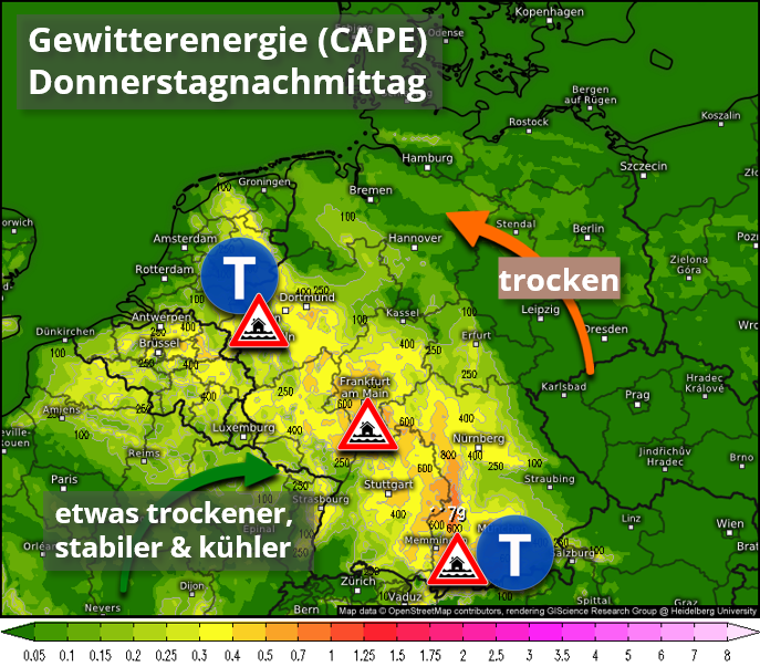 Morgen steht dann wohl der Hauptgewittertag an. In einer Tiefdruckrinne von NRW bis nach SW-Bayern baut sich zunehmend CAPE auf und hier können sich örtlich kräftige Gewitter mit Starkregengefahr entwickeln. Hier die aktuellen Gewitterkarten: kachelmannwetter.com/de/modellkarte… /LD
