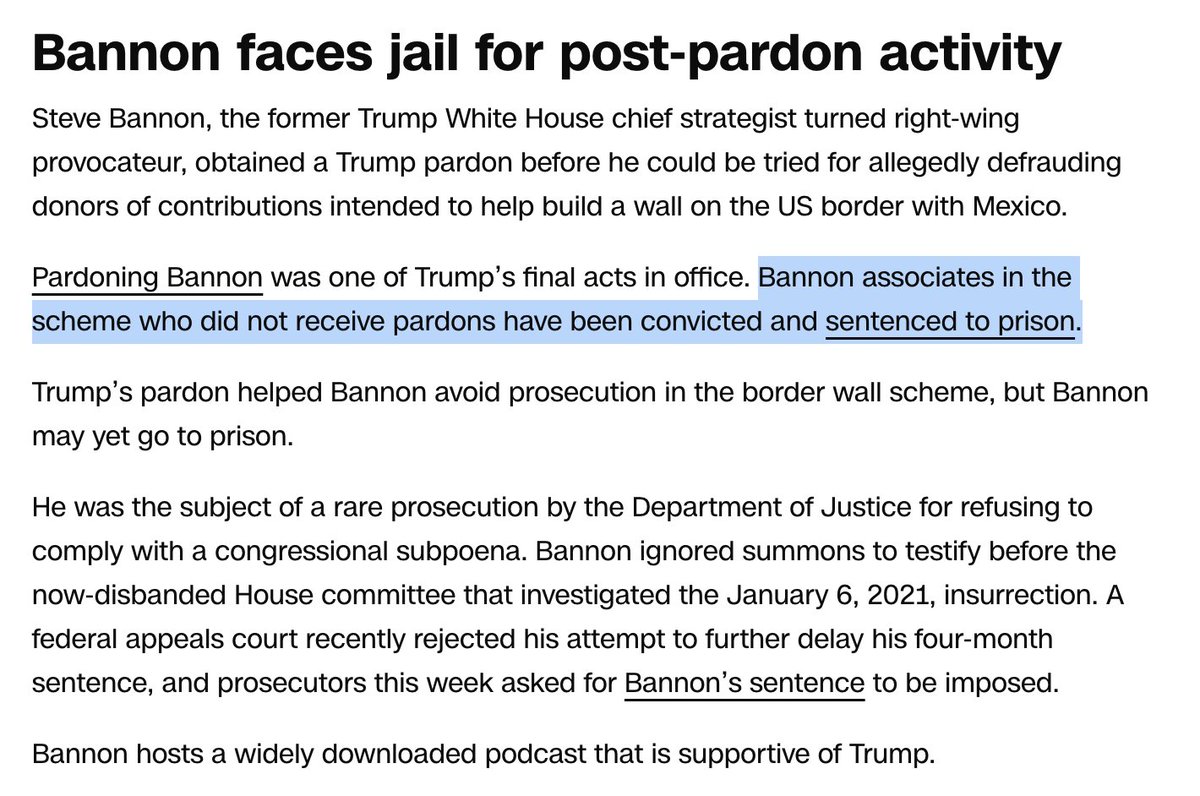 Bizarrely, CNN describes that Bannon's co-defendants in border wall fraud are in prison and that he might go to prison -- meaning for contempt -- but doesn't mention that Bannon faces state charges for same fraud. Btw, Bannon lied to Mueller too but ultimately told the truth to…