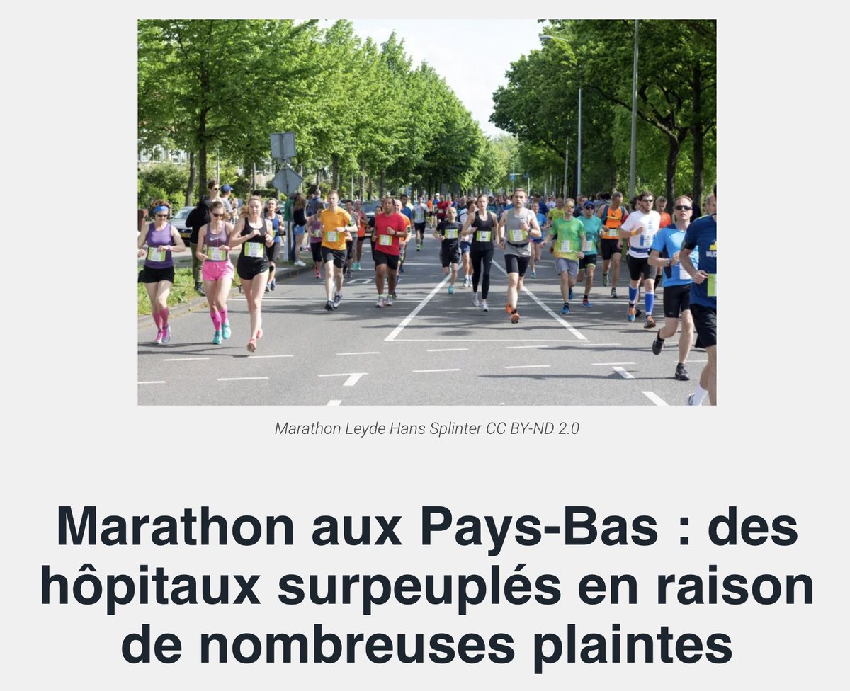 Jamais avant les poisons-vaccins, je n'avais vu autant de malaises partout. 

Aux Pays-Bas, les services d'urgence ont été alertés dimanche dernier en raison d'un « nombre élevé de personnes ne se sentant pas bien » lors du marathon de Leiden. La course de 10 kilomètres a été…