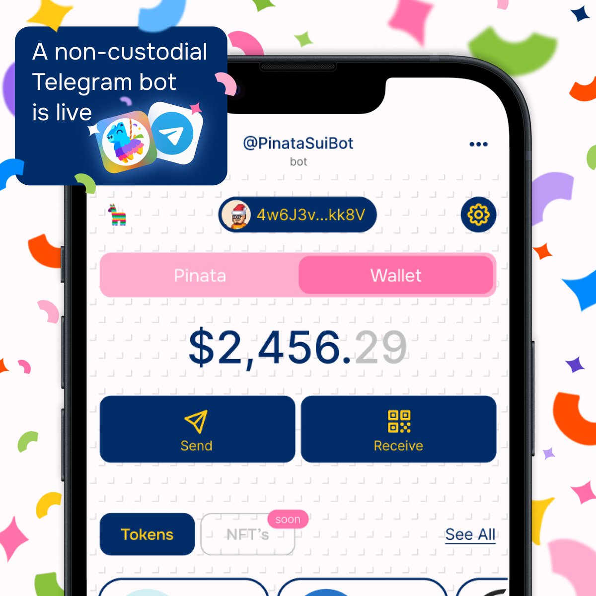 Introducing PinataBot! 🎉

A non-custodial Telegram bot, PinataBot lets you share coins, NFTs, and other assets on @SuiNetwork with friends using the Telegram web app. Plus, you can earn donut points🍩.

Learn more below👇 1/9