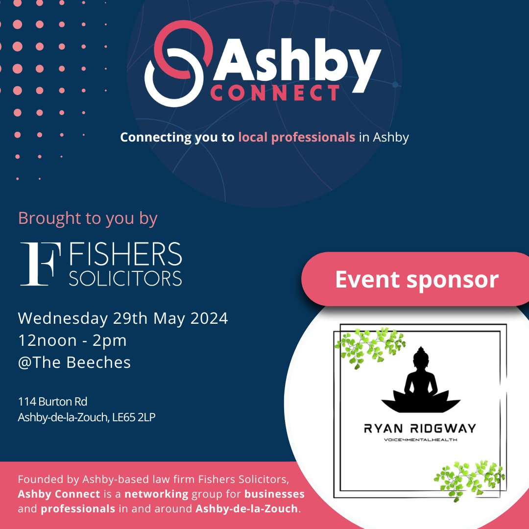 We're excited to reveal Ryan Ridgway as our sponsor for our upcoming #AshbyConnect #networkingevent on 29 May! Ryan, a mental health first aid trainer will join us to host a mini-workshop on #mentalhealth. Register now: orlo.uk/PIUzC #mentalhealthawarenessweek