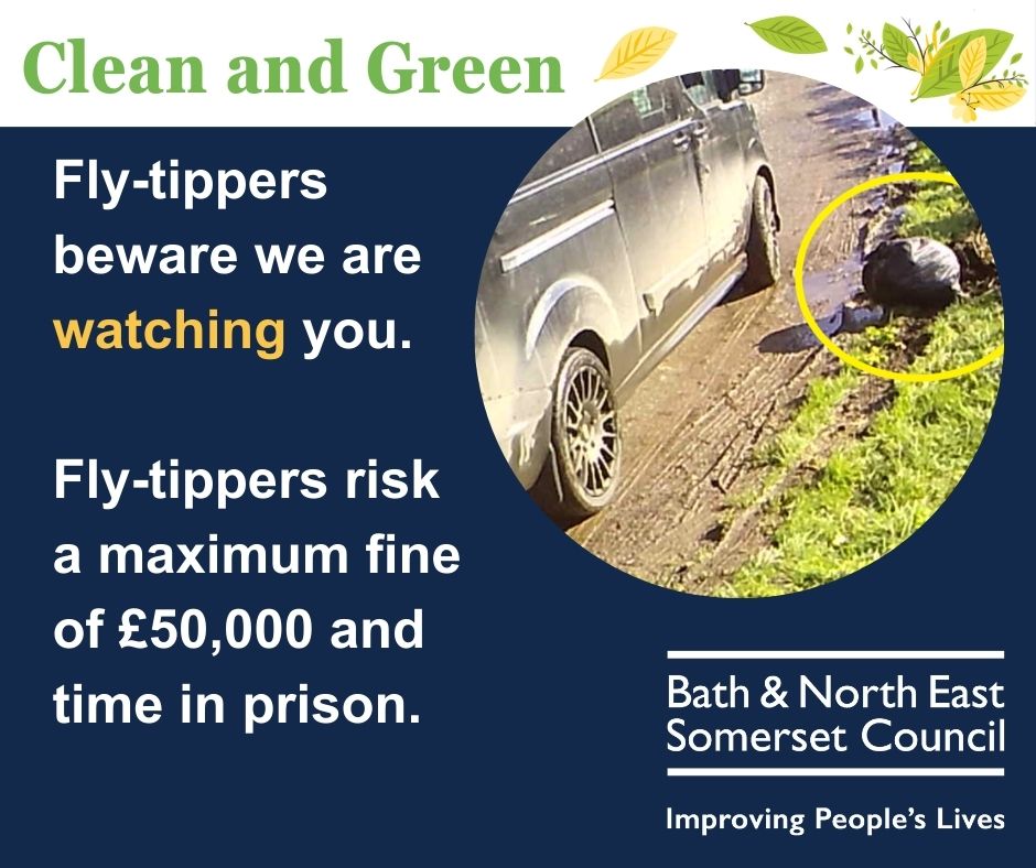 Our Cleansing Enforcement team are working hard to keep B&NES clean!
They recently caught a fly tipper on camera. The offender admitted to the offence and paid a £400 fine. 
Report fly tipping on public land please go to fix.bathnes.gov.uk
Let’s keep B&NES #CleanAndGreen