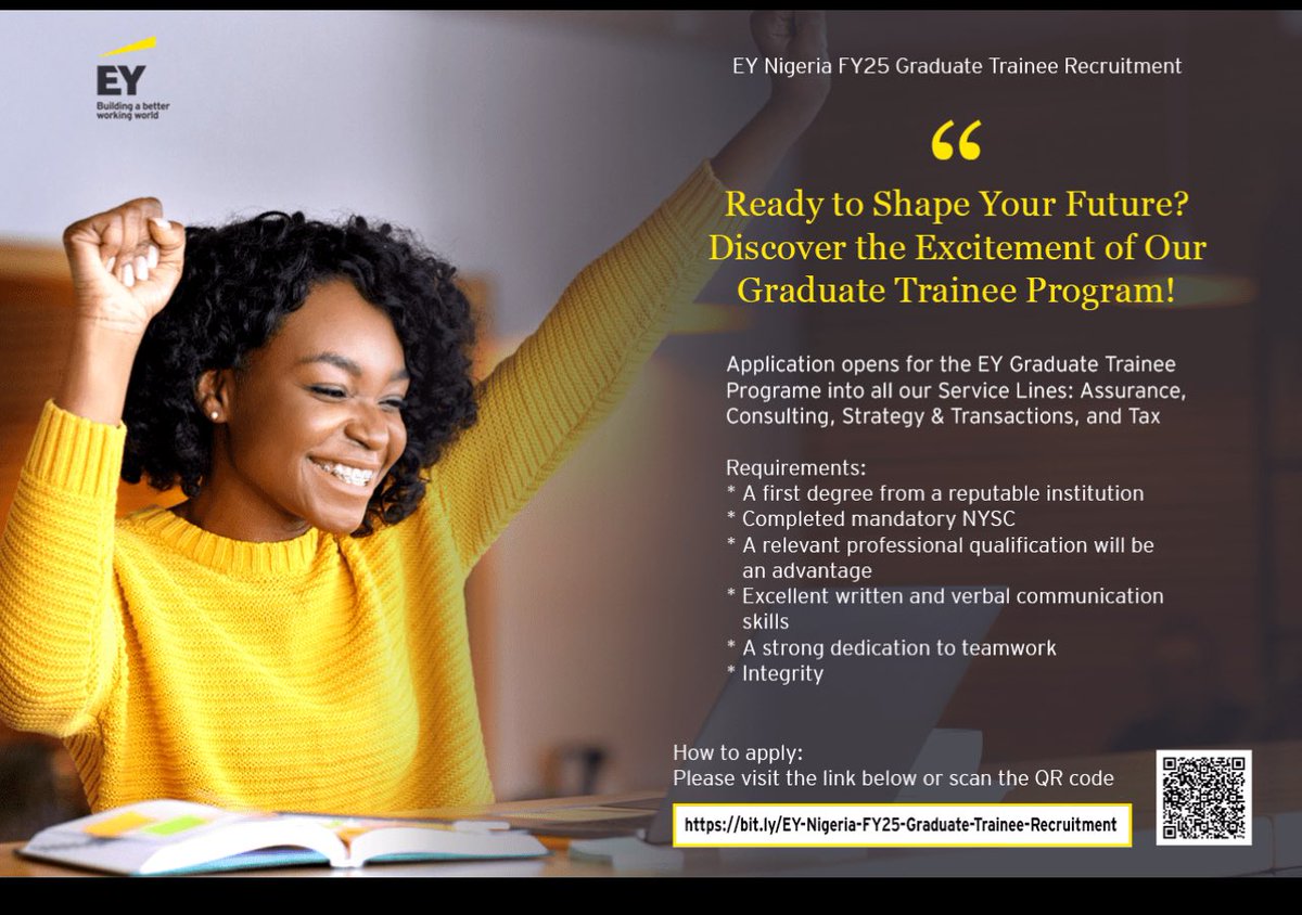 EY graduate Trainee program application is on. 

Check the flier below for the requirements. 

Apply as soon as you can because applications end today. 

Here is the link: eyglobal.yello.co/jobs/XgEyP4CBJ…

If you see this, repost it asap so people can apply.