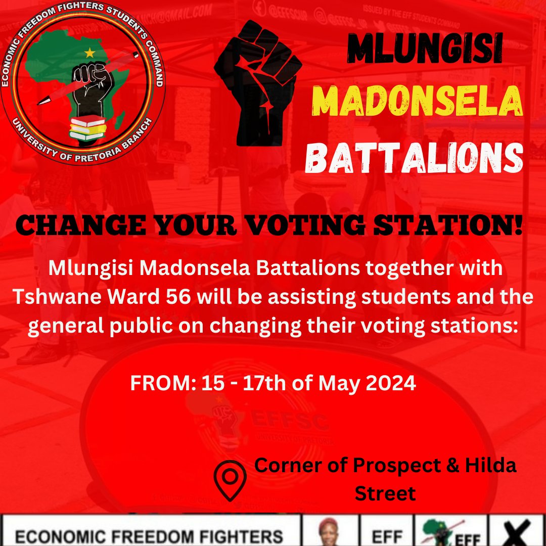 ♦️URGENT♦️ The Mlungisi Madonsela Battalions of UP would like to encourage all students to change their voting stations. The ANC government has consistently failed students by not disbursing allowances in time! Exercise your vote to right and change your Voting Station #VoteEFF