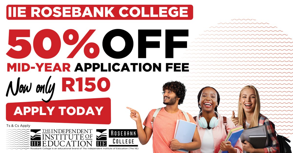 Get a 50% discount on your application when you apply for the 2024 Mid-Year intake. Apply now via bit.ly/32tLVoA or send a WhatsApp text to 087 240 6457. #iierosebankcollege #2024midyear #applicationopen