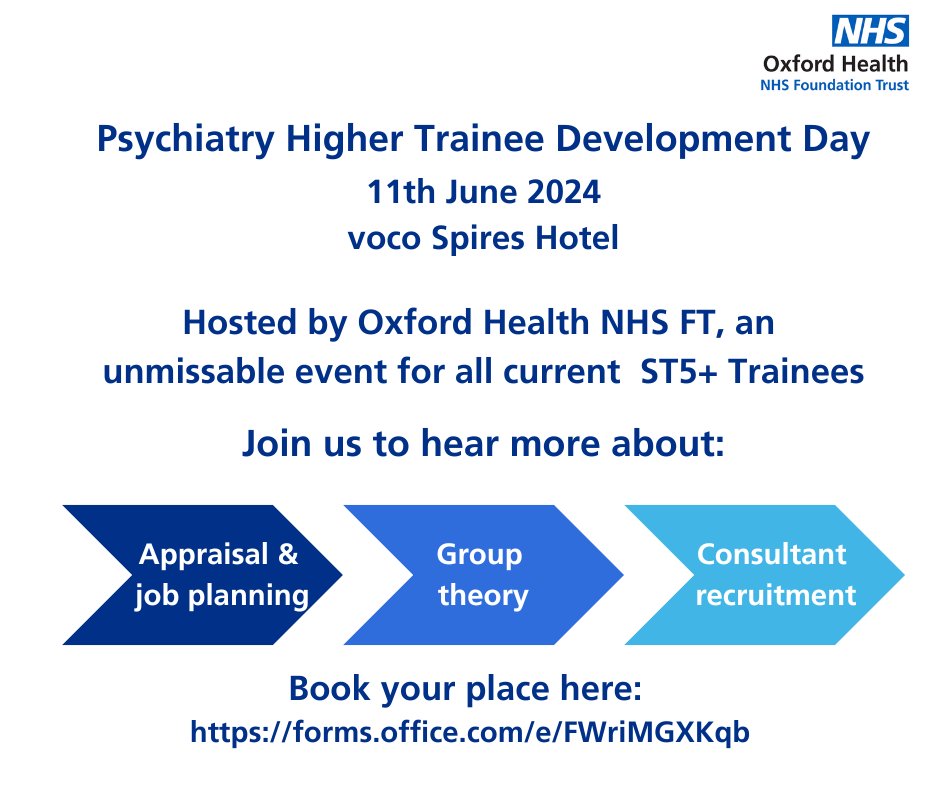 Are you a Psychiatry higher trainee nearing the end of your training? 

If so, come and join us for our forthcoming development day.

💻Book your space - loom.ly/PN-uWdg
 🔍Find out more – heather.daw@oxfordhealth.nhs.uk

#OneOHFT #DevelopmentDay #PsychiatryTrainees