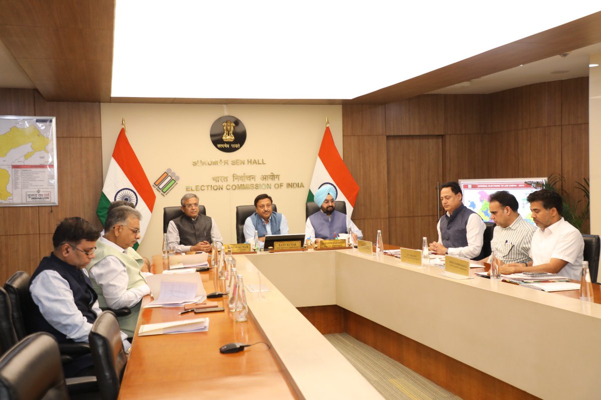 Election Commission led by CEC Rajiv Kumar along with ECs Gyanesh Kumar & Sukhbir Singh Sandhu today held a video conference with General, Police & Expenditure Observers being deployed in 49 PCs for phase 5 and 57 PCs in Phase 6 of the General Elections 2024