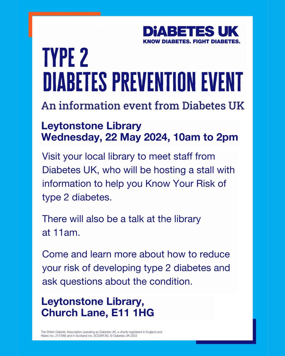 🚨ICYMI🚨 we will host a pair of type 2 #diabetes prevention events at libraries in #WalthamForest NEXT WEEK! Visit our stalls at the #Walthamstow and #Leytonstone libraries from 10am. Each visit will also include a talk about #type2diabetes – see posters for details.