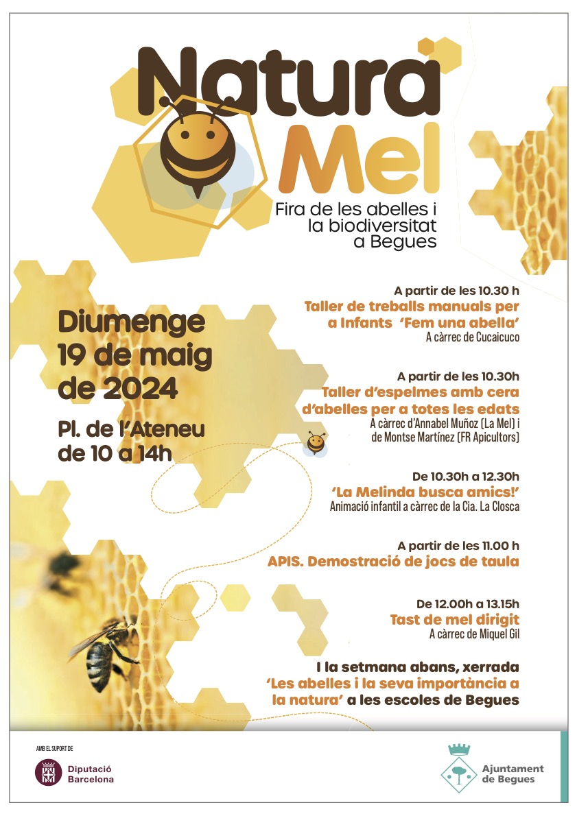 🐝 NaturalMel, fira de les abelles i la biodiversitat de #Begues
📆 Diumenge, 19 de maig
📍 Plaça de l'Ateneu
⏰ De 10 a 14 h
🍯 Expositors de venedors i productors de mel, animació infantil, tallers per a totes les edats i tast de mels