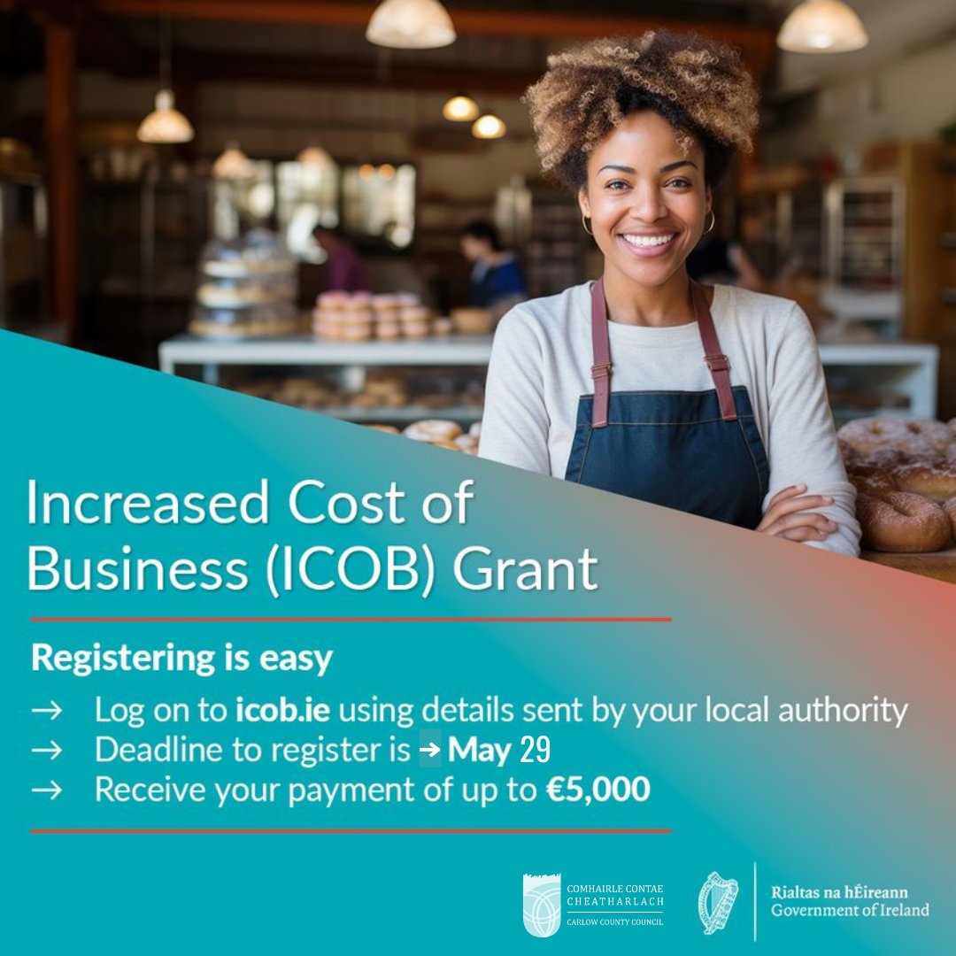 The portal for the Increased Cost of Business Grant (ICOB) has re-opened for applications until 29th May. Carlow businesses can find details on how to apply at icob.ie #Carlow #Business @LocalGovIre @carlowchamber @CarlowPPN @Carlowlive1 @CWnationalist @kclr96fm