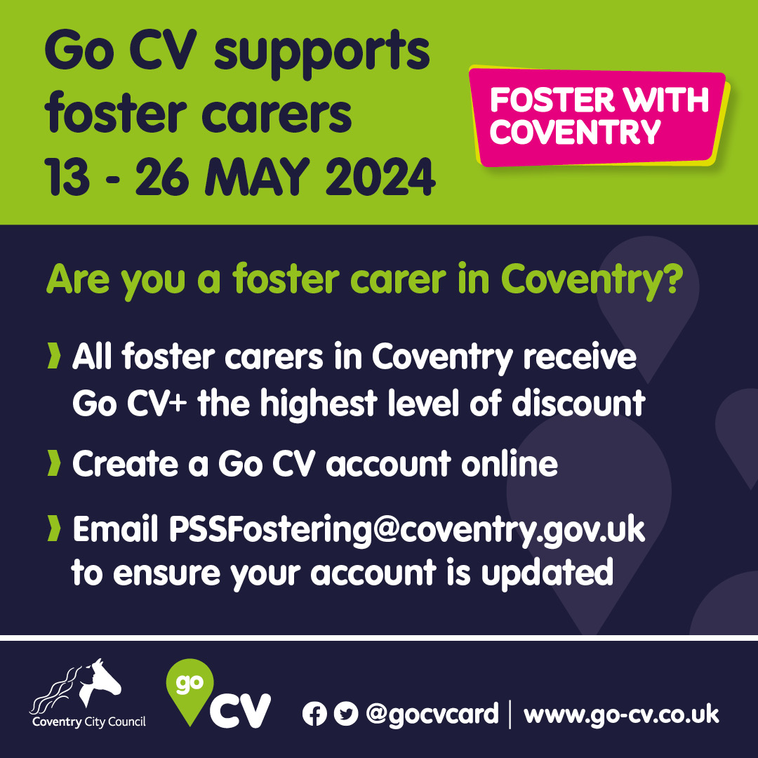 It's the annual #fostercarefortnight and #GoCV plays its part in recognising all our amazing foster carers 🤝 🔊 Foster carers of Coventry qualify for Go CV+ 🔊 Register Go CV ⏩ orlo.uk/M42pi 🔊 Foster for Coventry ⏩ orlo.uk/6GlZv @FosterWithCov