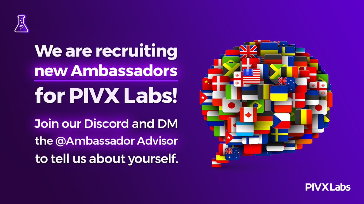 We're recruiting #Ambassadors for PIVX Labs!🎉 We're looking for folks with a following or a language specific #community for #PIVX 🥳 You will receive an enormous referral bonus and translation rewards on PIVX Rewards, passive #income for all ambassadors!💰 Join us now!🫂