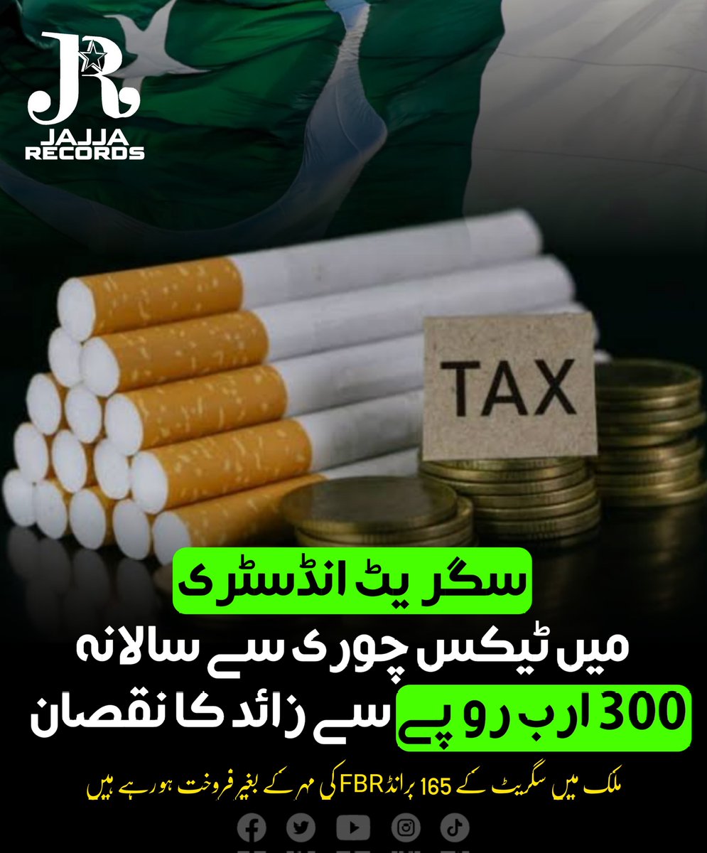 سگریٹ انڈسٹری میں ٹیکس چوری سے سالانہ 300 ارب روپے سے زائد کا نقصان، ملک میں سگریٹ کے 165 برانڈ FBR کی مہر کے بغیر فروخت ہو رہے ہیں #JajjaRecords #NewsByJR #Cigarette #Loss #Pakistan #DubaiLeaks #TTP_PTM_Nexus #بابر_محسن_گٹھ_جوڑ #بہانے_نہیں_احتجاج_کرو #ReleaseAhmadFarhad