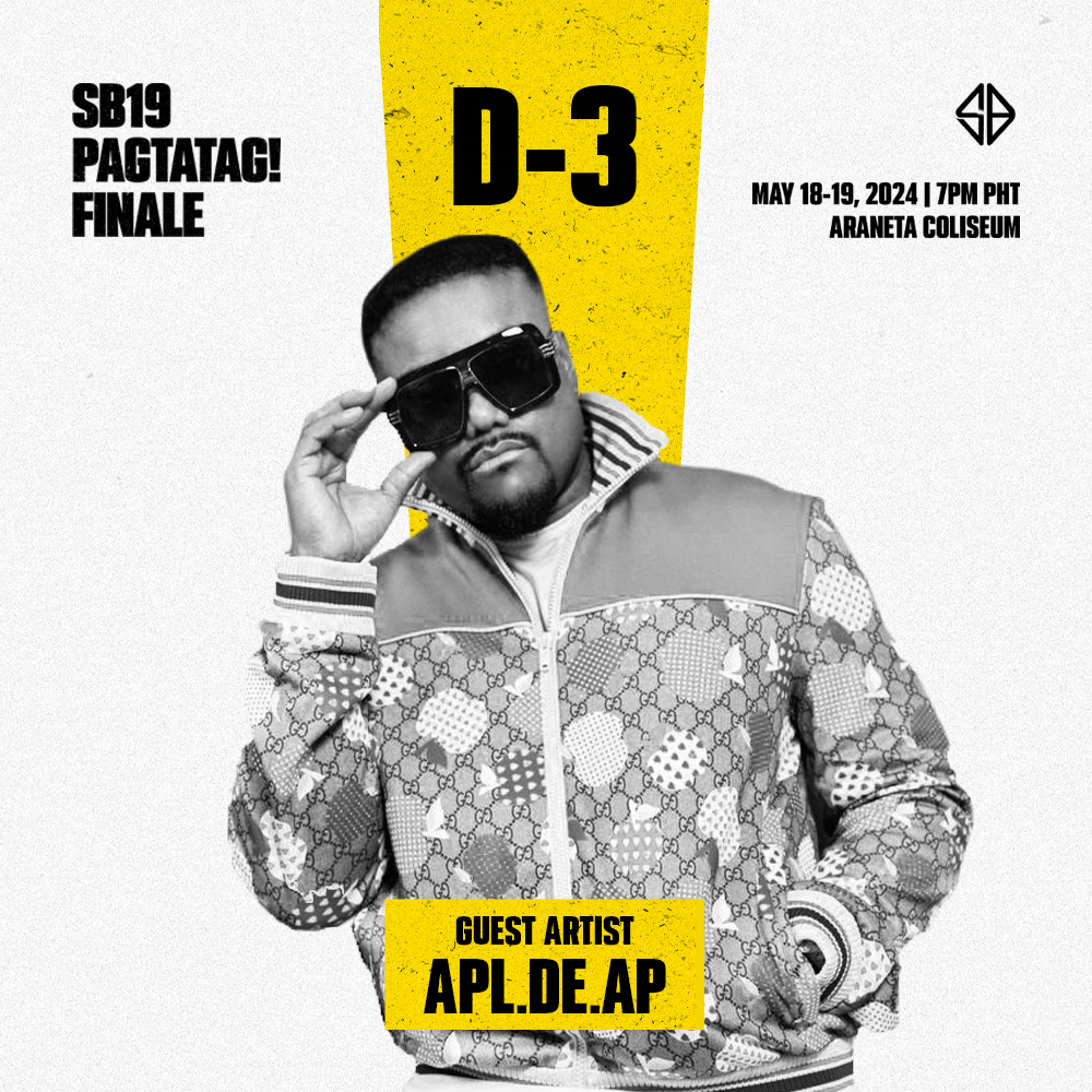 ⚠️[D-3] SB19 PAGTATAG! FINALE May 18-19, 2024 | 7PM Araneta Coliseum Adding to our list of guest artists is the Filipino-American rapper, singer, record producer, and founding member of the iconic hip-hop group Black Eyed Peas. Let's give it up for @apldeap! See you there,