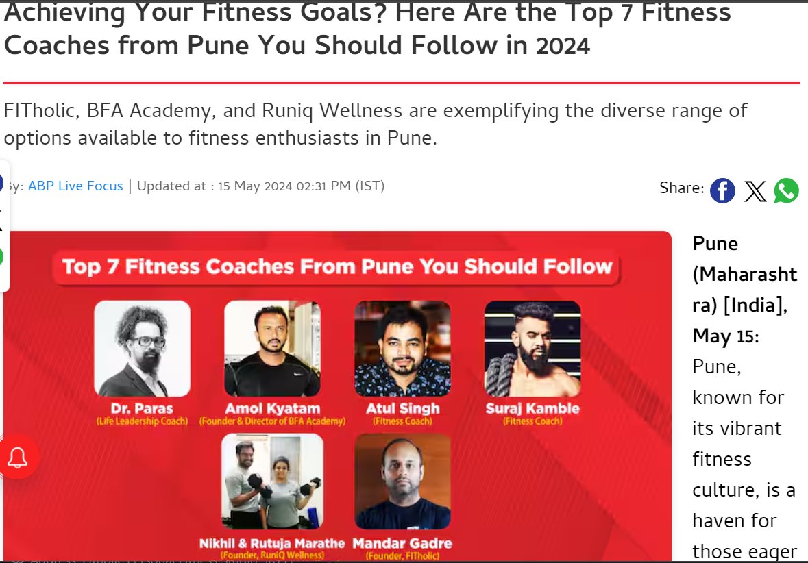FITholic_Health's tweet photo. 😎 Happy to have been featured on ABP Live (@abplive) 

⚡️ FITholic's evolution beyond a gym to a UNIQUE place to build BOTH Fitness & Metabolic Health has been possible due to #dLife Diploma that I completed in 2023! 

🙏 Thanks to all the support of dLife founder @dlifein & also @shashiiyengar, @arunkumar3112, @jasmeet481 , @theirasahay, and all dLife friends! 

📑 Excerpt from the Article: 

"Driven to revolutionize preventive healthcare, Mandar Gadre embarked on a journey into fitness after witnessing the burden of chronic diseases in healthcare and the lack of preventive approaches. 

With a background in science, holding a Ph.D. in Nanotechnology from the USA, Mandar pursued certification as a Metabolic Health Consultant from dLife, India's foremost platform for Chronic Disease Remission. 

Complemented by his team of K11-Certified Coaches, FITholic offers a unique blend of physical fitness and metabolic health services, tailored to each member. With a focus on science-backed methodologies and individualized attention, FITholic addresses a range of chronic diseases, from diabetes to hypertension, with no fads or trends.

His dedication to promoting long-term lifestyle changes over quick fixes is reflected in FITholic's approach, emphasizing education and sustainable habits. Located in Happy Colony, Kothrud, Pune, FITholic caters to working professionals aged 25 to 65, offering a proven, no-nonsense approach to achieving holistic health and fitness goals. With a stellar 4.9/5-star rating on Google Reviews, FITholic's effusive praise from members underscores its commitment to excellence and results."