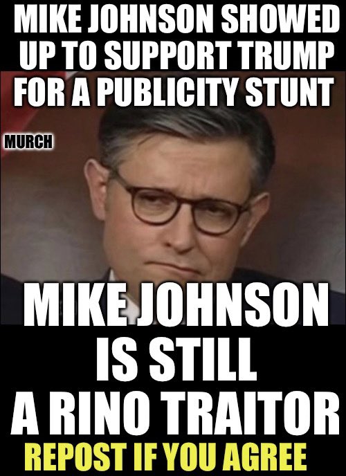 Mike Johnson was trying to earn style points by showing up at Trump’s trial. He funded the DOJ, the FBI, funded Ukraine, AGAIN. He never got a dime for our borders & he voted against requiring warrants for FISA. Traitor! Who’s not impressed by his appearance at the trial?🙋‍♂️